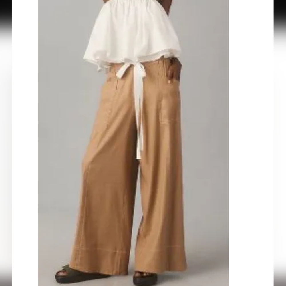 Anthropologie Maeve TALL Tan Drawstring Waist Cotton Lyocell Wide Leg Pants
